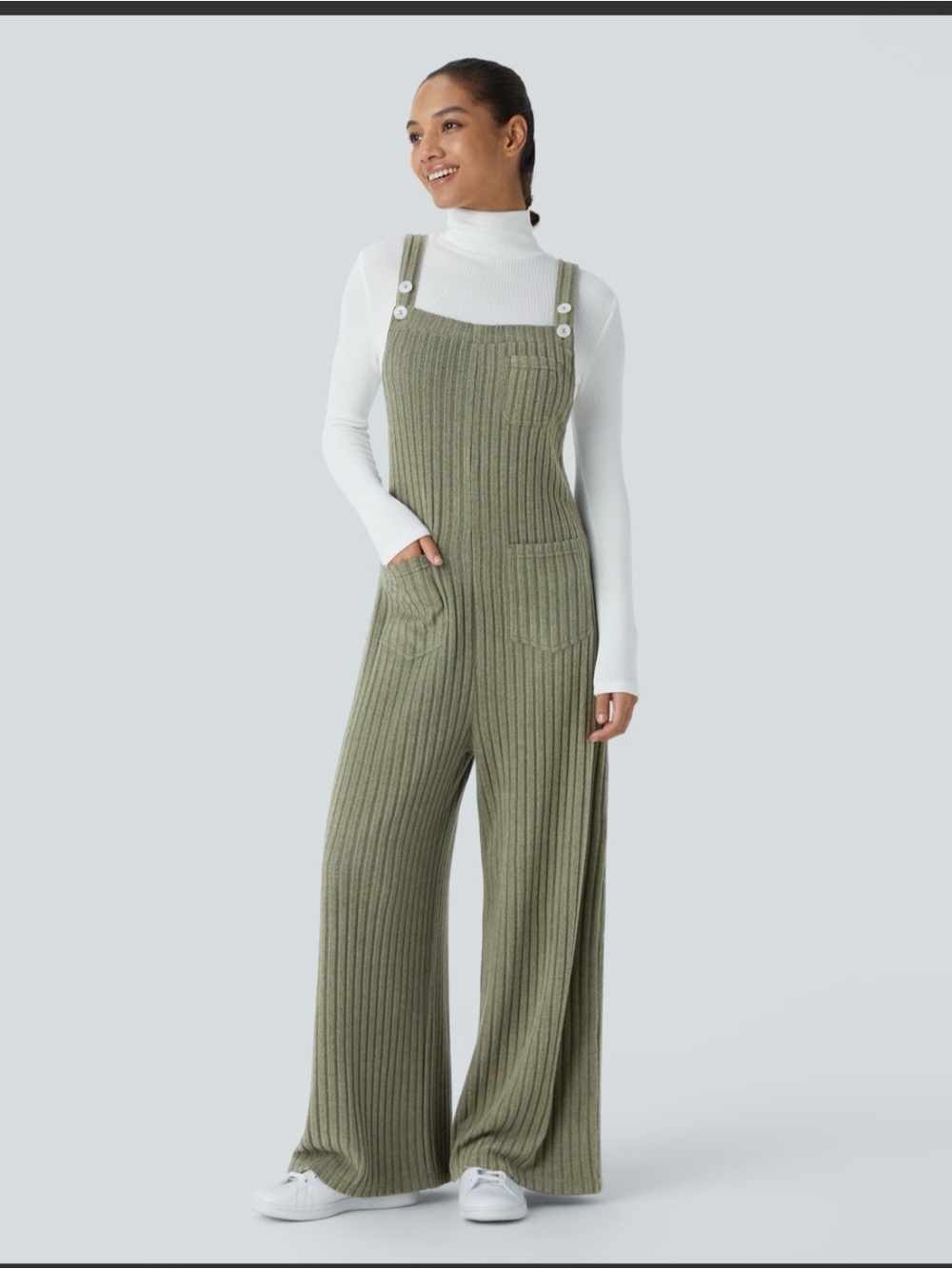Ribbed Olive Green Wide-Leg HALARA  Overalls EUC S - Picture 1 of 4
